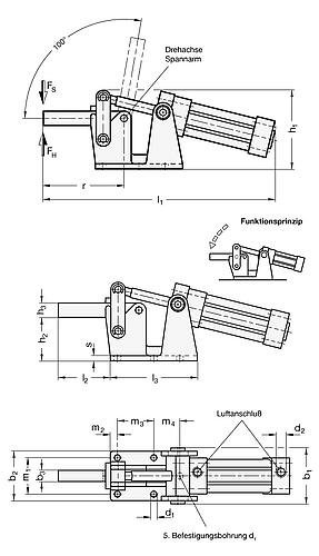 Ganter 861-1000-EP-M PNEUMATIK SPANNER F.NÄHERUNGSSCHALTER - GN 861 Schnellspanner - pneumatisch - schwere Ausfuehrung - mit Magnetkolben-Skizze