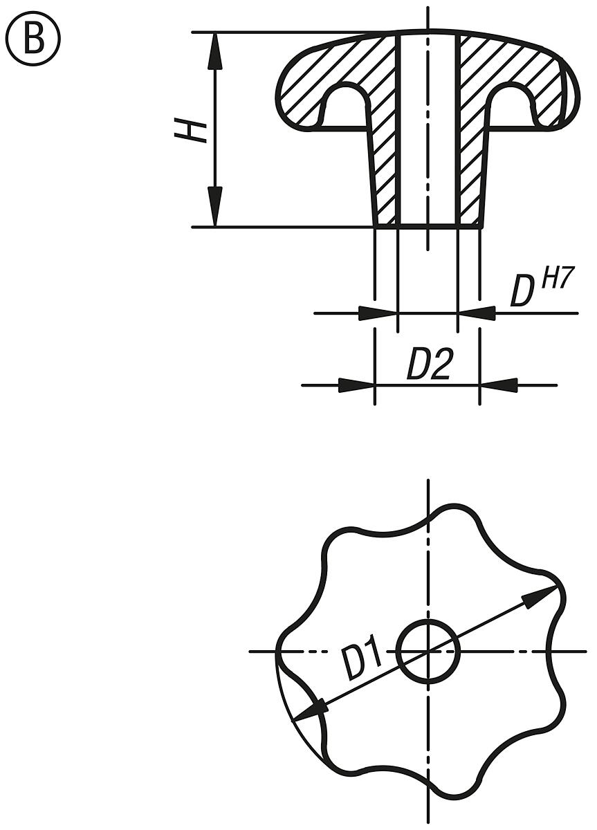 Norelem 06200-206 STERNGRIFF GG, FORM B, D1=32, D4=6 - NLM 06200-B Sterngriffe DIN 6336 aus Grauguss - Form B - Massblatt