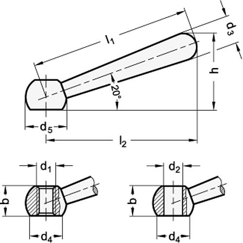 DIN 99-100-B12-L-NI EDELSTAHL KEGELGRIFF, SCHRÄG - DIN-99-Kegelgriffe-Edelstahl-Griff-schraeg-Skizze