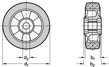 Ganter 22875-100-K-A  Räder, Laufbelag Gummi, Radkörper Aluminium, Raddurchmesser d1: 100, Lagerart: K - Kugellager, Form: A - Rad ohne Gehäuse - GN 22875 Raeder - Laufbelag Gummi - Radkoerper Aluminium - Massblatt