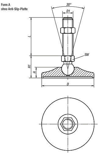 Kipp K0742.010024X175 GELENKFUß STAHL FORM A D=100, M24X175 - KIPP K0742-A Gelenkfuesse Stahl - Form A