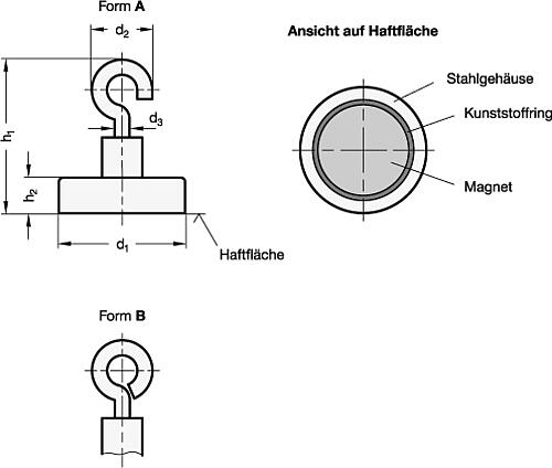 Ganter 50.6-HF-16-A Haltemagnete mit Haken / mit Ringöse - GN 50-6 Haltemagnete mit Haken - mit Ringoese-Skizze