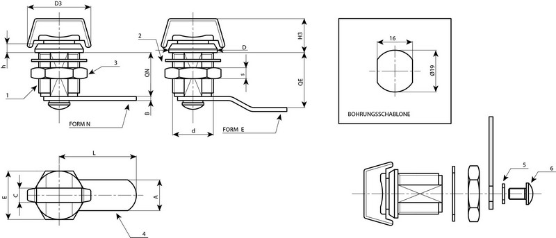 Leschhorn J130 Verriegelungen  Außengewinde M19; L 30; Riegelabstand Qe 25 (Form E) - Boteco J130 Verriegelungen