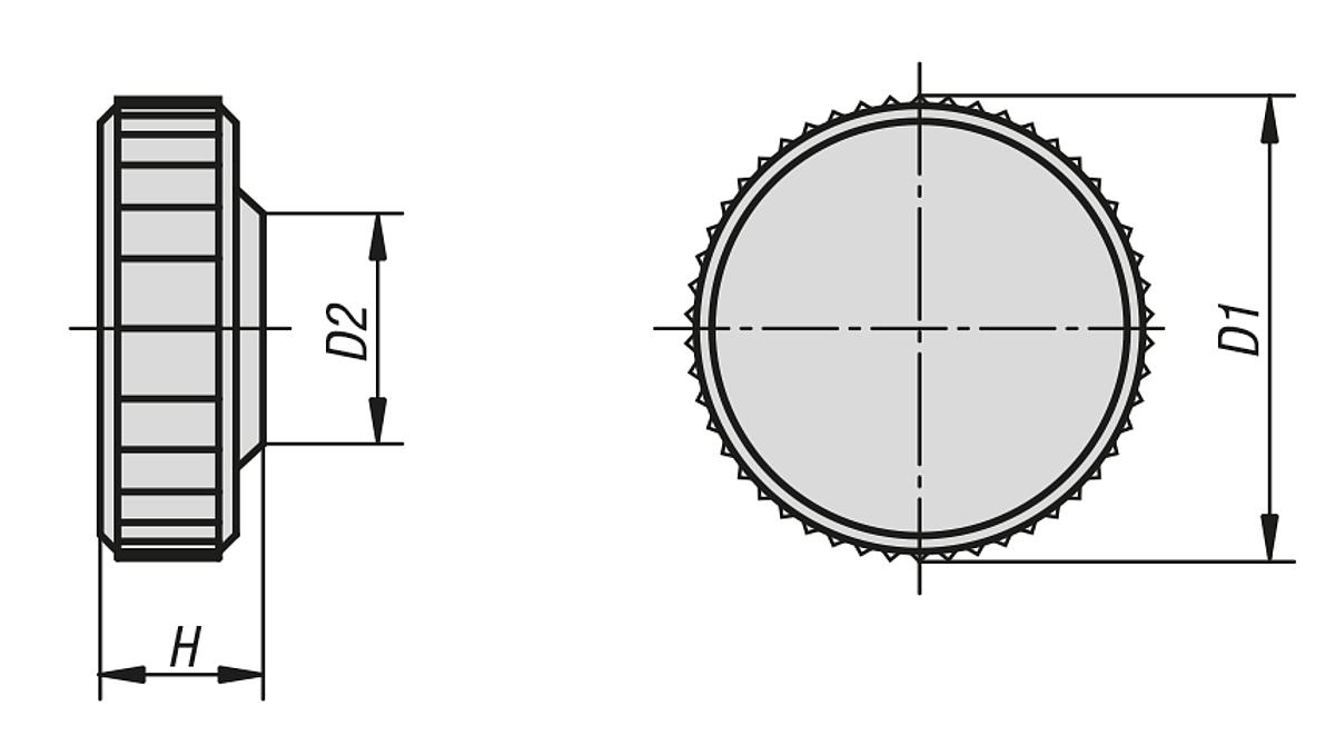Kipp K0680.0405 RÄNDELKNOPF GRAU, FÜR SCHRAUBEN MIT INNENSECHSKANT - K0680 Raendelknoepfe fuer Schrauben mit Innensechskant - Massblatt