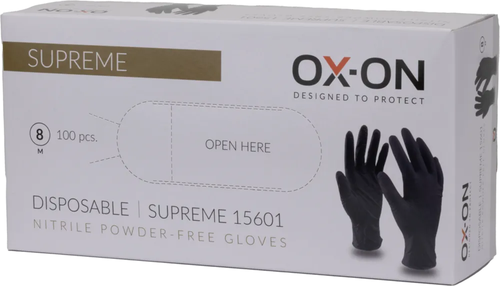OX-ON 22477 Supreme Einweg-Handschuhe 15601, Größe S (7), Nitril, Farbe: schwarz, 100 Stück pro Box - OX-ON 15601 Supreme Einweg-Handschuhe, schwarz, für Werkstaetten, Sanitaerarbeiten u. Industrie-Abb2