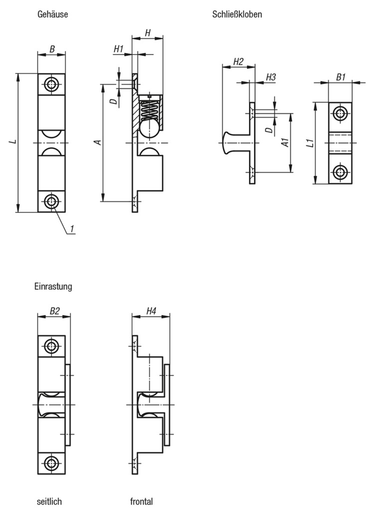 Norelem 03075-700 DOPPELKUGELSCHNÄPPER, L=70, B=13, H=17, A=60, ZINK VERCHROMT, KOMP:KUGEL AUS EDELSTAHL - Norelem 03075 Doppelkugelschnaepper-Skizze