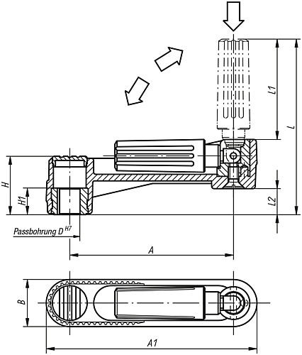 Norelem 06502-110802 NOVO.GRIP HANDKURBEL M.SICHERHEITSZYL., GRIFF, A=80, D=8H7 M - Norelem 06502-PBMN Handkurbeln mit Sicherheits Zylindergriff Passbohrung mit Nut