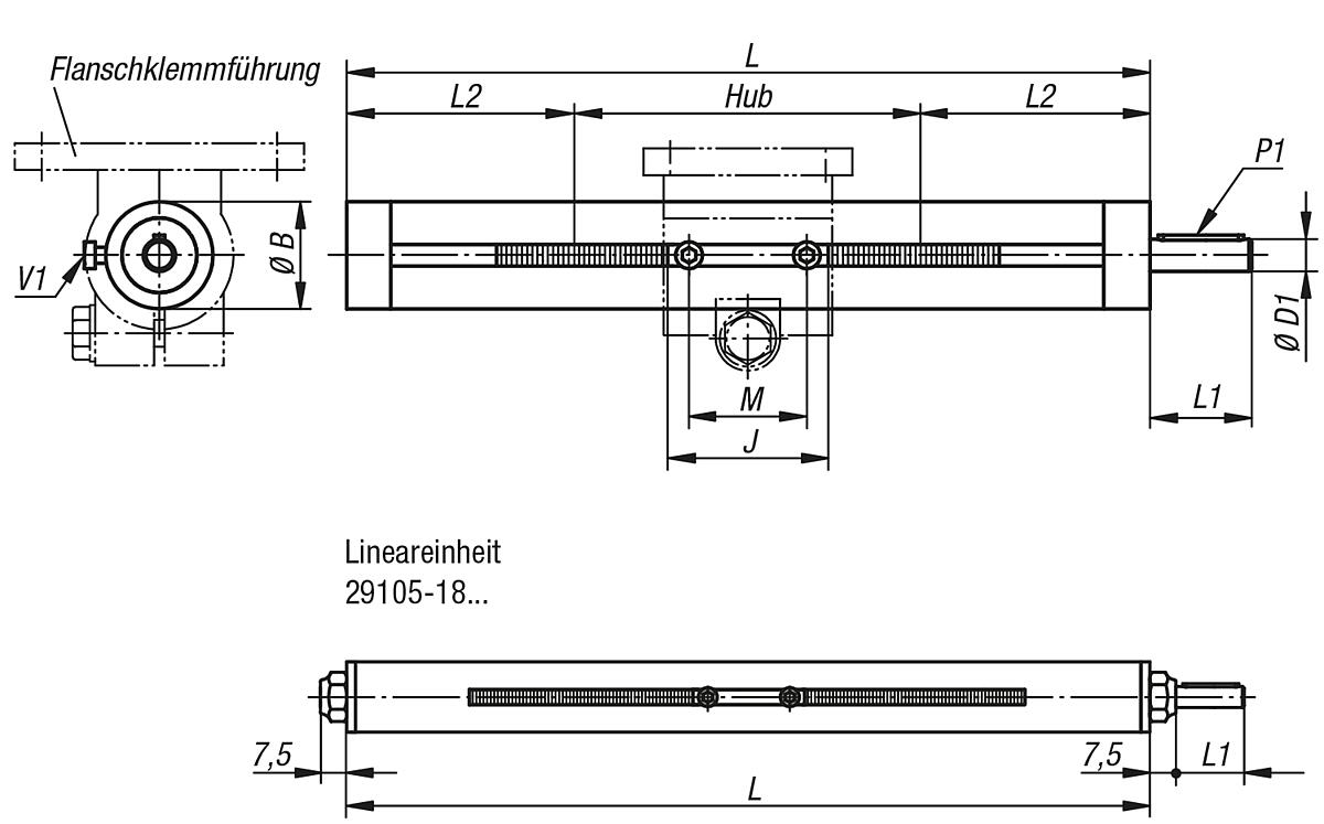 Norelem 29105-300001X500 LINEAREINHEIT GLEITLAGER, TYP E=30, L=500 - NLM 29105 Lineareinheiten - Massblatt