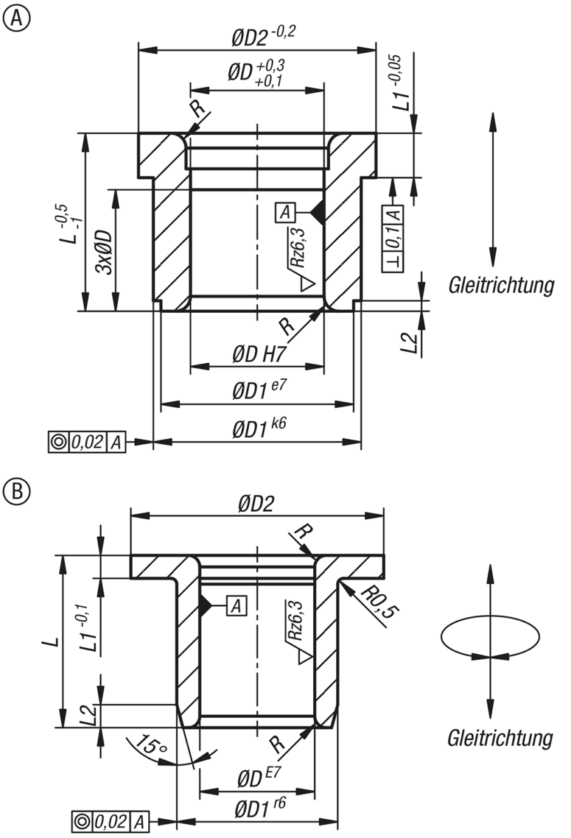 Leschhorn 08158.B30.00X30 FÜHRUNGSBUCHSE MIT BUND, FORM:B, BRONZE, KOMP:GRAPHIT, WARTUNGSFREI - LE 08158 Wartungsfreie Fuehrungsbuchse mit Bund-Skizze