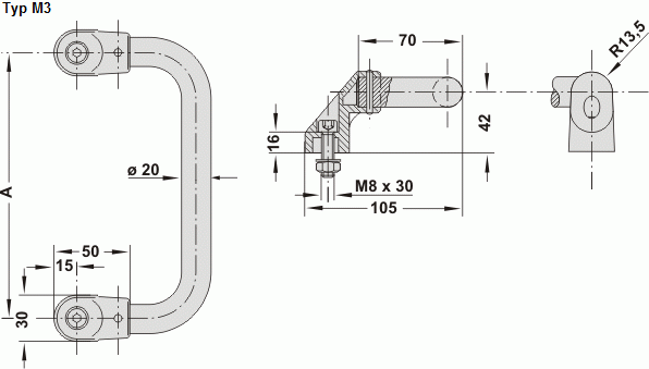 Leschhorn M3-20.A200.14   Maschinengriff abgewinkelt, frontseitige Schraubmontage A 200,  Schenkel schwarz / Rohr schwarz Griff aus Einzelelementen, komplett montiert - Leschhorn M3 Griffserie abgewinkelte Maschinengriffe
