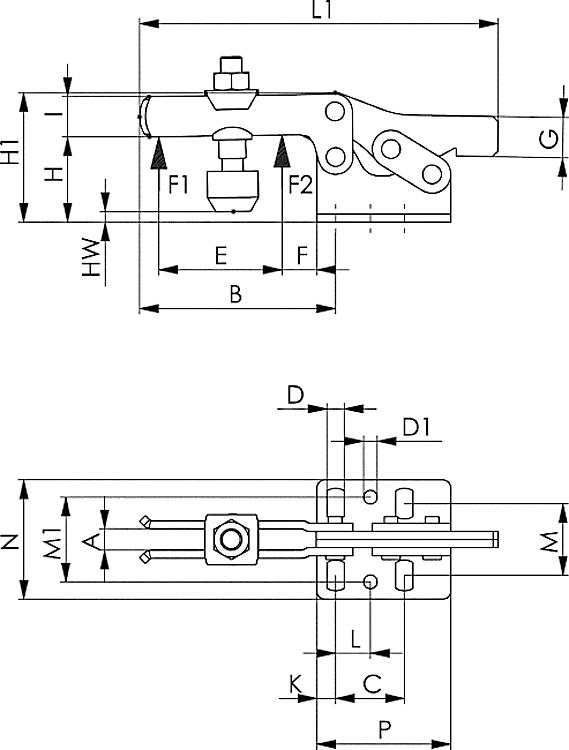 AMF 6837M-2 Waagrechtspanner, Größe : 2, F1: 1,0 kN, F2: 1,2 kN - LE 6837M Waagrechtspanner mit abnehmbarem Handgriff-Skizze