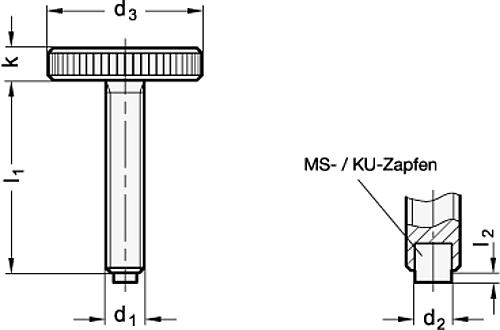 Ganter 653.10-M8-16-NI-MS FLACHE EDELSTAHL RÄNDELSCHRAUBE MIT MESSING ZAPFEN - GN 653-10 Edelstahl Raendelschrauben mit Messing - Kunststoff Druckzapfen-Skizze