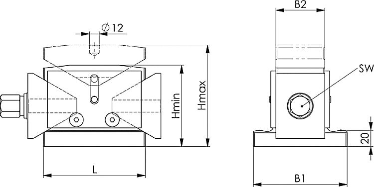 AMF 6460- 63 Richtkeil "Herkules" Höhenkeil, Größe : 63, H min.: 50, H max.: 63, B1: 40, L: 63 - LE 6460 63 Richtkeil Herkules Hoehenkeil-Skizze