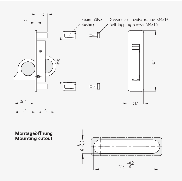 Leschhorn KT-21.070.7035  Klapptragegriffe versenkbar, A 77,5,  Lichtgrau pulverbeschichtet ähnlich RAL 7035 - LE KT-21 Klapptragegriffe - versenkbar - Massblatt