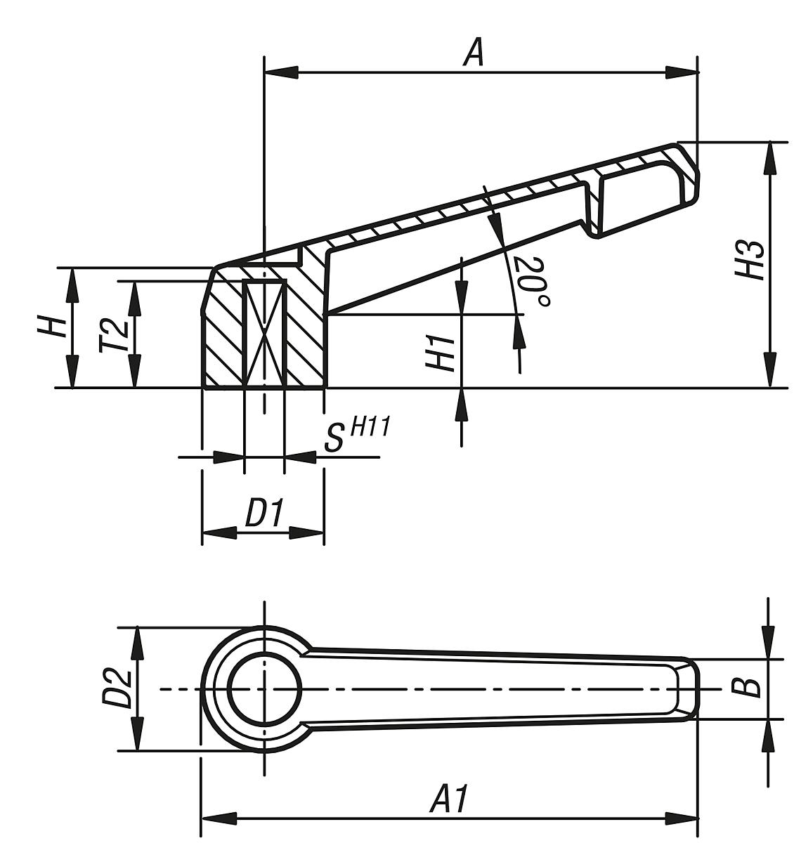 Kipp K0175.206002 KLEMMHEBEL UNVERSTELLBAR GR.2, VK 6 - K0175-IV Klemmhebel unverstellbar mit Innenvierkant - Massblatt