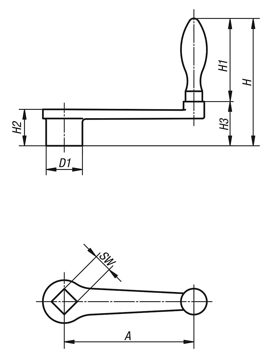 Norelem 06490-216X19 HANDKURBEL, GERADE, FORM D, L1=160, S=19, H=40 - NLM 06490-D Handkurbeln gerade aehnlich DIN 469 - Form D - Massblatt