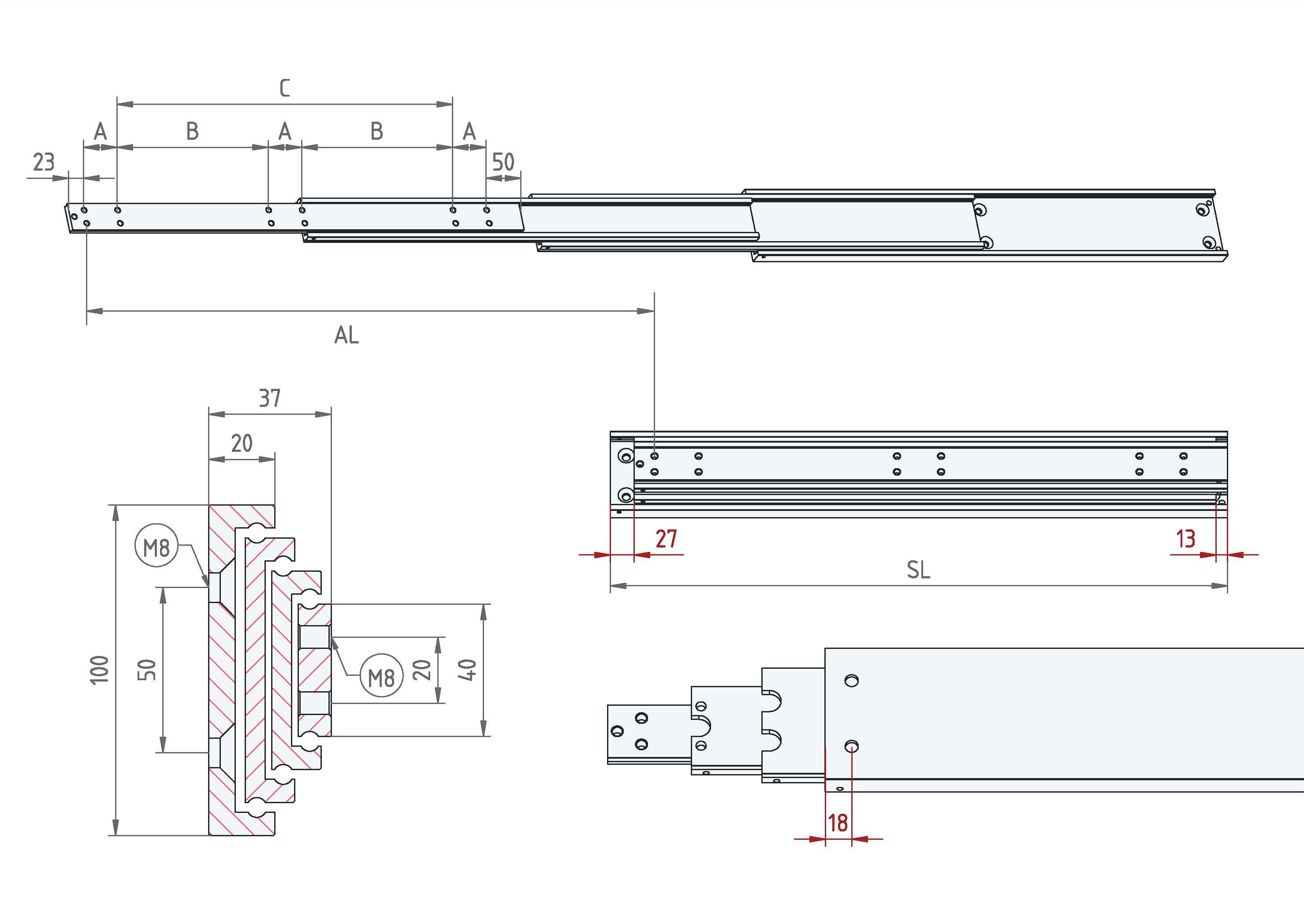 Leschhorn HP3CU 10037-0300-GS-ST Hochpräzise Schwerlast-Teleskopschienen, 3C-Profil 100x37, Überauszug 150%, A=450, GS: Gewinde M8/Senkbohrung für M8, Lastwert 355kg, Stahl verzinkt - LE HP3CU-10037 Technische Zeichnung