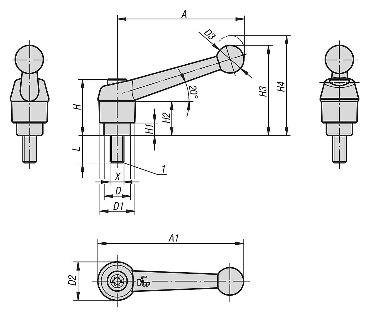 Kipp K0117.2063X20 KLEMMHEBEL GR.2  M6X20        EDELSTAHL, GRIFFHEBEL SILBER METALLIC - K0117 Klemmhebel mit Aussengewinde - Stahlteile aus Edelstahl - Massblatt