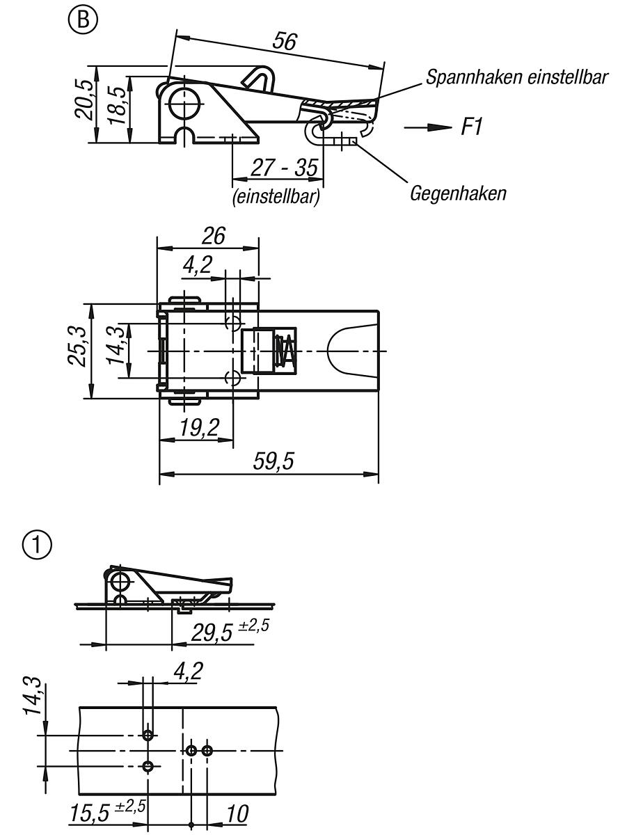 Kipp K0047.2420602 SPANNVERSCHLUSS EINSTELLBAR, FORM B, EDELSTAHL - K0047-SVB Spannverschluesse einstellbar Anschraubbohrungen verdeckt Form B - Massblatt