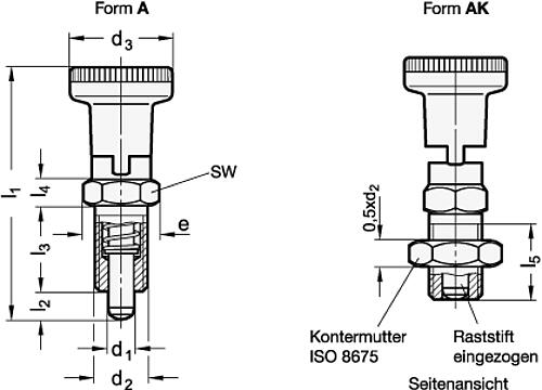 Ganter 617.1-10-A RASTBOLZEN MIT RASTSPERRE - GN 617-1 Rastbolzen mit Rastsperre Stahl - Kunststoff Knopf-Skizze