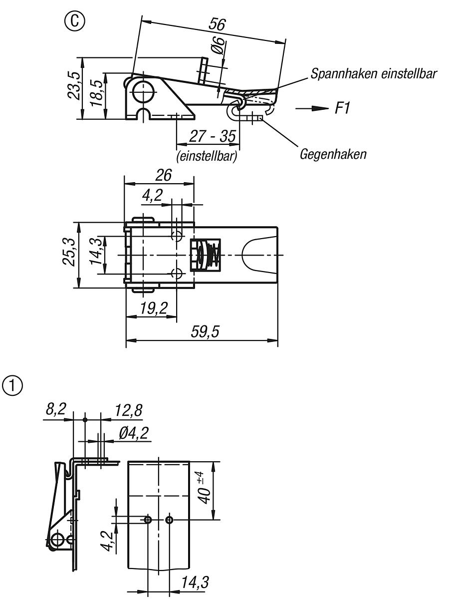 Kipp K0047.3420602 SPANNVERSCHLUSS EINSTELLBAR, FORM C mit Schlossöse, EDELSTAHL - K0047-SVC Spannverschluesse einstellbar Anschraubbohrungen verdeckt Form C - Massblatt