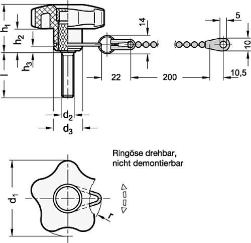 Ganter 5337.13-25-M5-10-P Sterngriffschrauben, Kunststoff, mit Verliersicherung - GN 5337-13 Sterngriffschrauben - Kunststoff - mit Verliersicherung-Skizze