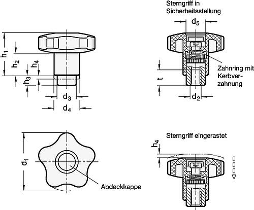 Ganter 5337.3-40-M6-NI EDELSTAHL SICHERHEITS STERNGRIFF - GN 5337-3 Sicherheits Sterngriffe - Kunststoff-Skizze