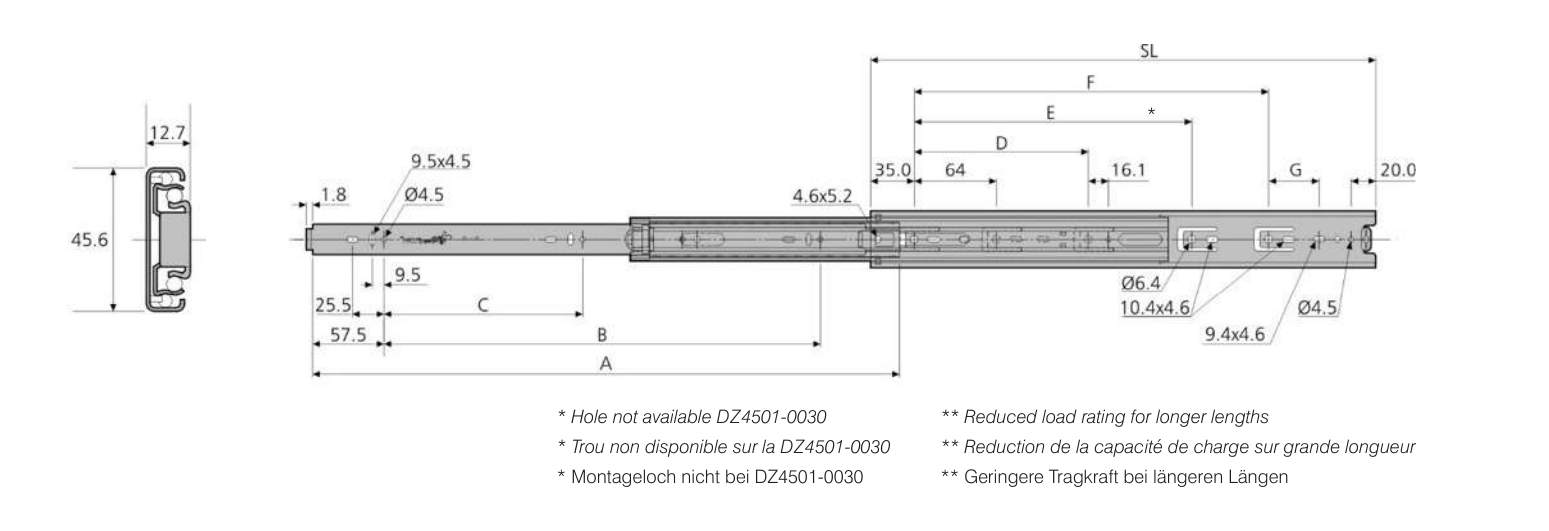 Accuride DZ4501-0070 Teleskopschienen "BEE SLIDE" 100% Vollauszug, 12,7x45,6 SL 700, TR 700, 45kg, hell verzinkt - Accuride DZ4501 Teleskopschienen - Vollauszug - 12 7x45 6 45kg - TZ