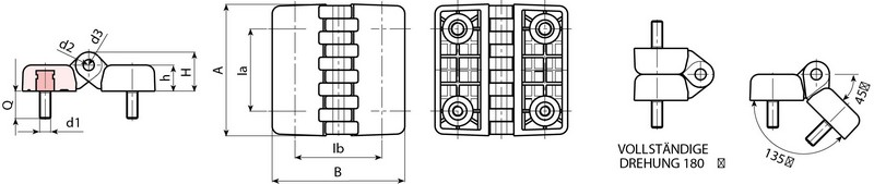 Leschhorn LE O431Scharniere  Ia 60; Ib 63; Gewinde d1 M10; Kunststoff PA, schwarz, - Boteco O431 Scharniere