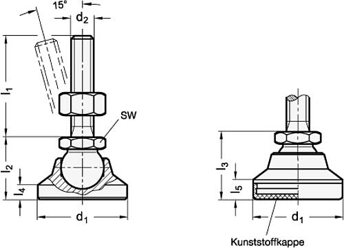 Ganter 343.6-25-M10-50-KR Gelenkfüße, Fuß / Verstellspindel Edelstahl - GN 343-6 Gelenkfuesse - Fuss - Verstellspindel Edelstahl-Skizze