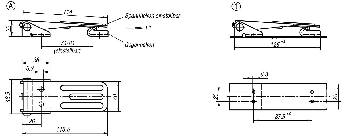Kipp K0049.1631162 SPANNVERSCHLUSS EINSTELLBAR, FORM A, EDELSTAHL - K0049-SVA Spannverschluesse einstellbar Anschraubbohrungen verdeckt Form A - Massblatt