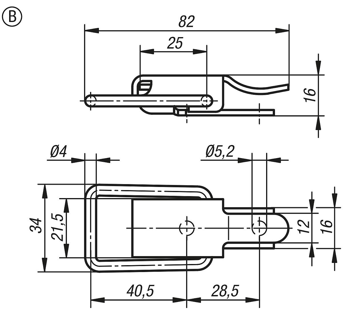 Norelem 05531-2520822 SPANNVERSCHLUSS MIT SPANNBÜGEL, FORM B, EDELSTAHL - NLM 05531-SVB Spannverschluesse mit Spannbuegel Form B - Massblatt