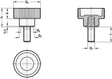Ganter 421-M4-10-NI  Rändelhohlschrauben mit Edelstahl-Gewindestift, Gewinde d1: M 4, Gewindelänge l: 10, d2: 9 - GN 421 Raendelhohlschrauben mit Edelstahl-Gewindestift - Massblatt