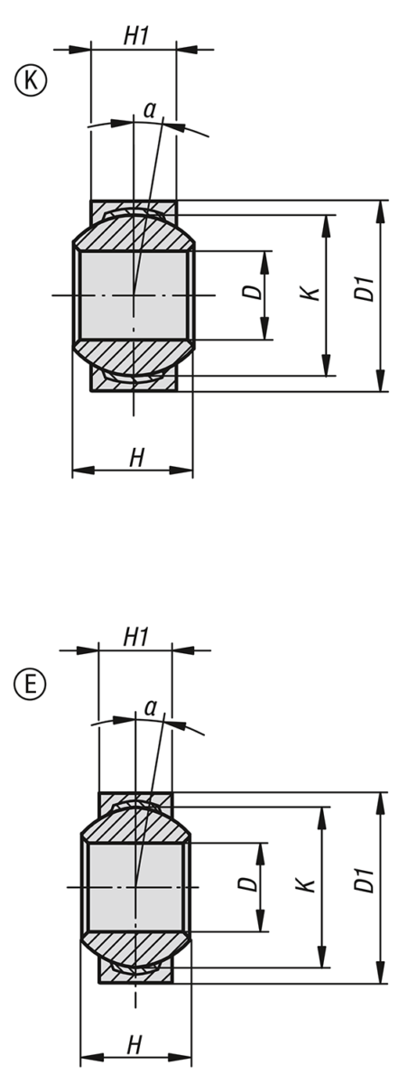 Norelem 27632-02-10513 GELENKLAGER MAßREIHE K, D=5H7 D1=13h7, EDELSTAHL 1.4571, KOMP:PTFE - NLM 27632-02 Gelenklager Formreihe K - E DIN ISO 12240-1-Massblatt