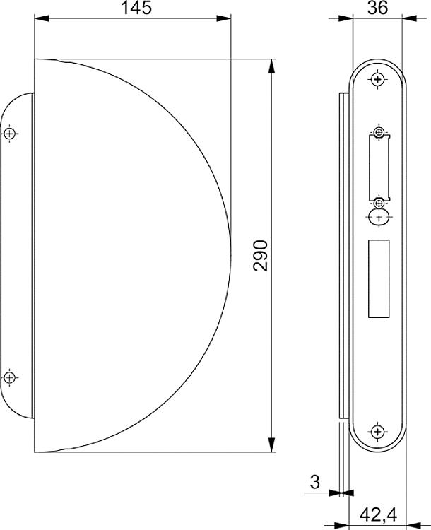 AMF 144CNIG-42 Gegenkasten, V2A, Abmessung: 42,4 x 145 x 290 mm, Kastenbreite: 42,4 mm - LE 144CNIG Gegenkasten - V2A -Skizze