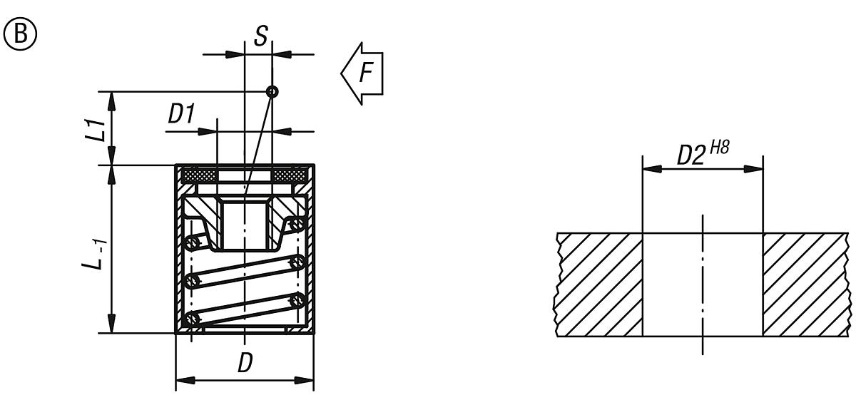 Kipp K0370.32054 FEDERNDES SEITENDRUCKSTÜCK FORM B, OHNE DRUCKBOLZEN, D=10, D - K0370-B Federnde Seitendruckstuecke ohne Druckbolzen - Form B - Massblatt