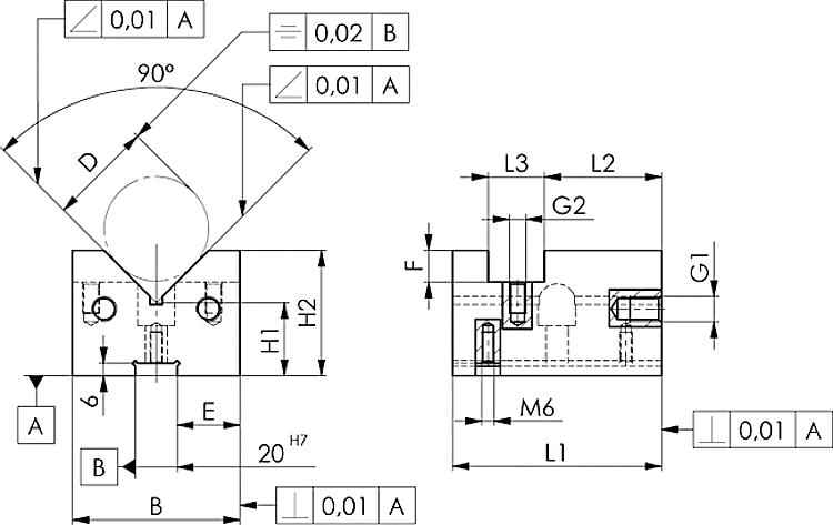 AMF 6355V-12- 65-P Aufspannprisma, paarweise, Größe : 12-65, L1: 100, B: 80, D: 12-65 - LE 6355V 65-P Aufspannprisma - paarweise -Skizze