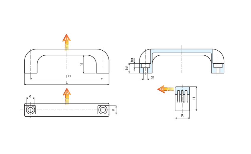 Leschhorn 224HD-094-6,5 Bügelgriffe Hydenic Design,  l 94; L 110; Bohrung d1 6,5; Kunststoff PA*, blau - LE 224HD Buegelgriffe - Hygenic Design - Lebensmittel-EcoLine-Massblatt