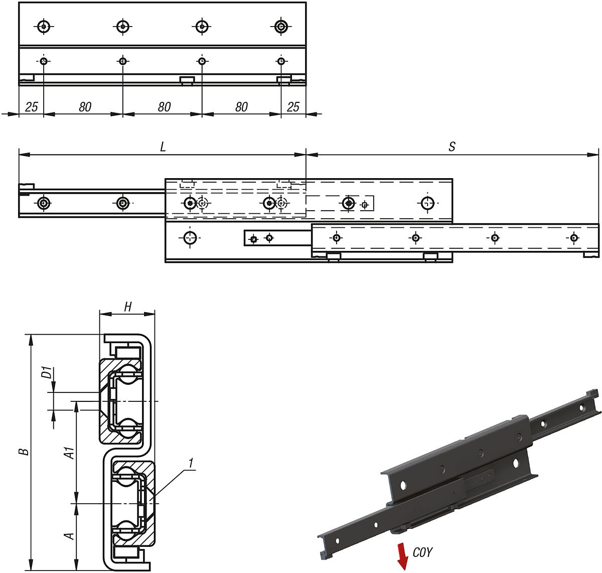 Norelem 21342-430610 TELESKOPSCHIENE, S FORM, L=610 MM - LE 21342 S Form Waelzlagerstahl Teleskopschienen  - Massblatt