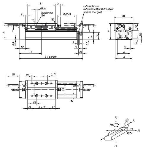 Norelem 20200-2090X0500 PORTALMODUL PNEUMATISCH, MIT RUNDFÜHRUNG, GR.90, C=500 - Norelem 20200 Portalmodule pneumatisch mit Rundfuehrung