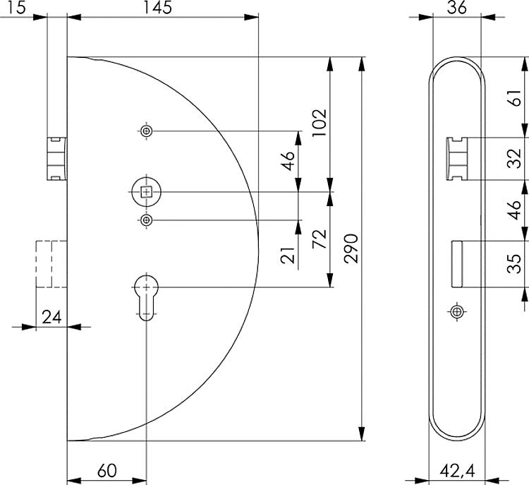 AMF 140CNIG-42ZW Schlosskasten, V2A, Abmessung: 42,4 x 145 x 290 mm, Schließung: PZW - LE 140CNIG Schlosskasten - V2A -Skizze