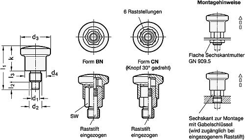 Ganter 822.7-6-M10X1-BN EDELSTAHL MINIRASTER, ohne Rastsperre, mit Edelstahl-Knopf - GN-822-7-Edelstahl-Miniraster-mit-und-ohne-Rastsperre-mit-Edelstahl-Knopf-Skizze