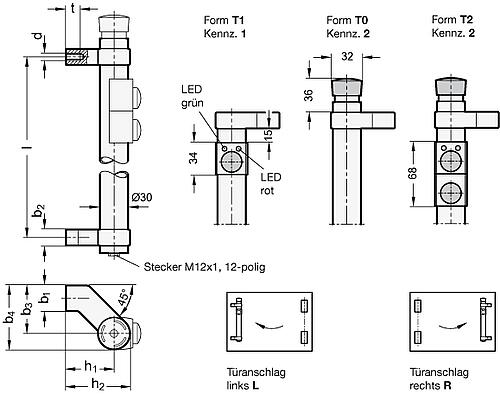 Ganter 332-200-EL-T0-2-L ROHRGRIFF, SCHRÄG, ELOXIERT, MIT "NOT AUS" - GN 332 Rohrgriffe - mit elektrischer Schaltfunktion-Skizze