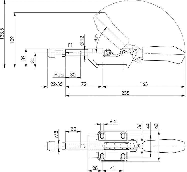AMF 6845-3 Schubstangenspanner, Größe : 3, F1: 4 kN - LE 6845 Schubstangenspanner -Skizze