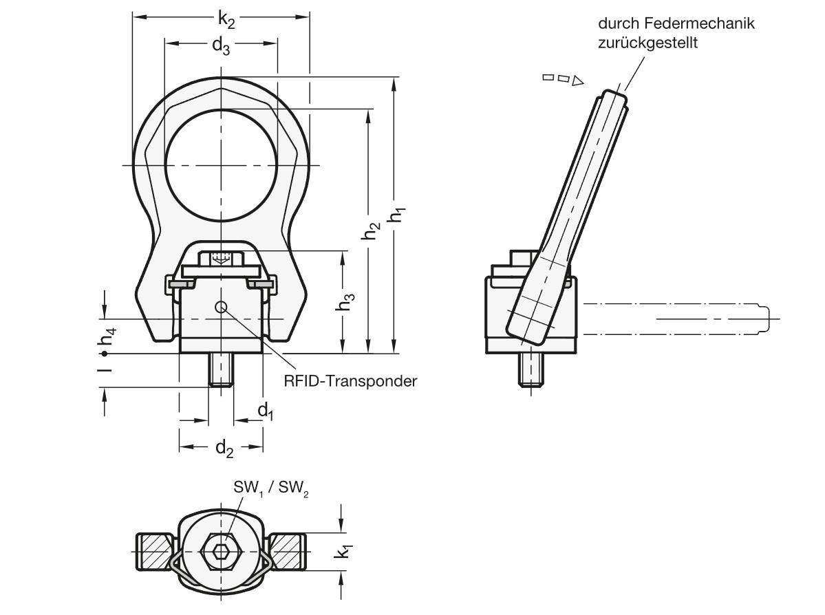 Ganter 586.2-M10 Drehbare Lastbügel, mit Rückstellfeder, Stahl - GN 586-2 Drehbare Lastbügel - Stahl - mit Rückstellfeder - Massblatt
