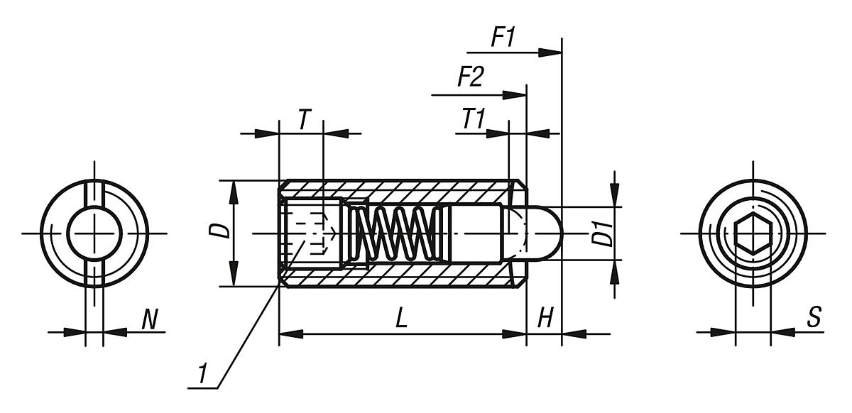 Kipp K0317.224 FEDERNDES DRUCKSTÜCK  M24, BOLZEN, VERSTÄRKTE FEDERKRAFT - K0317 Federnde Druckstuecke mit Innensechskant und Druckbolzen - verstaerkte Federkraft - Massblatt