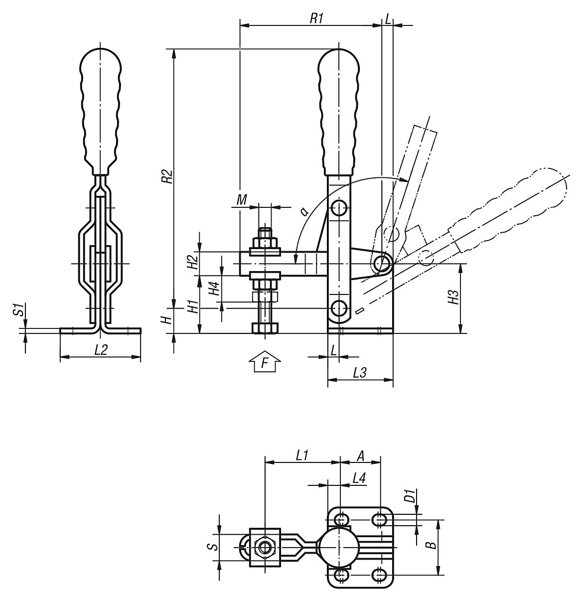 Norelem 05020-05 SCHNELLSPANNER VERTIKAL, MIT WAAGRECHTEM FUSS, D=M5X35 - NLM 05020 Schnellspanner vertikal mit waagrechtem Fuss - Massblatt