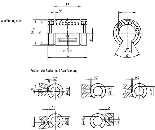 Norelem 21505-1212 LINEARKUGELLAGER OFFEN D=12, MIT STAHLKÄFIG - Norelem 21505-AO Linearkugellager mit Stahlkaefig - offen