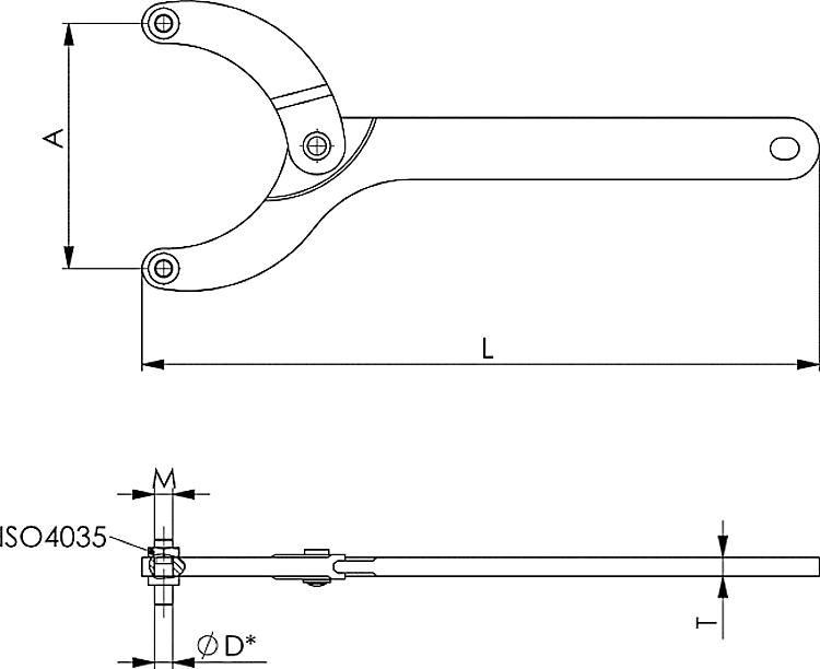 AMF 764AZ-125-200x10 Gelenk-Stirnlochschlüssel, ØD*: 10, A: 125-200, L: 405 - LE 764AZ Gelenk-Stirnlochschluessel -Skizze