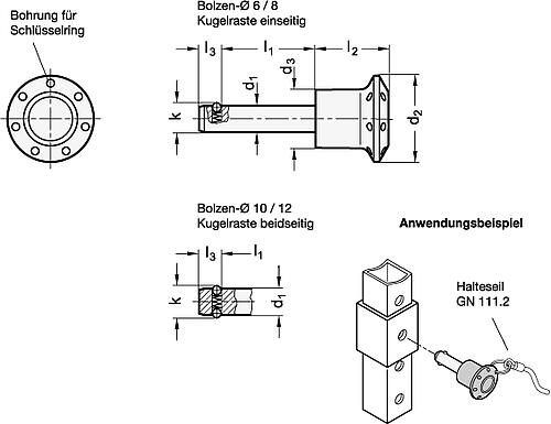 Ganter 124.2-6-15 STECKBOLZEN MIT KUGELRASTE - GN 124-2 Edelstahl Steckbolzen mit Axialsicherung - Kugelraste - Skizze